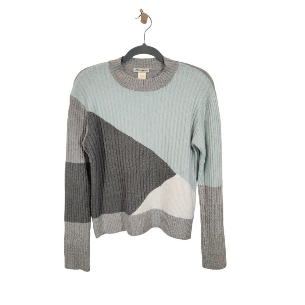 Cotton Emporium Asymmetric Colorblock Knit sweater in gray and mint - Size Small